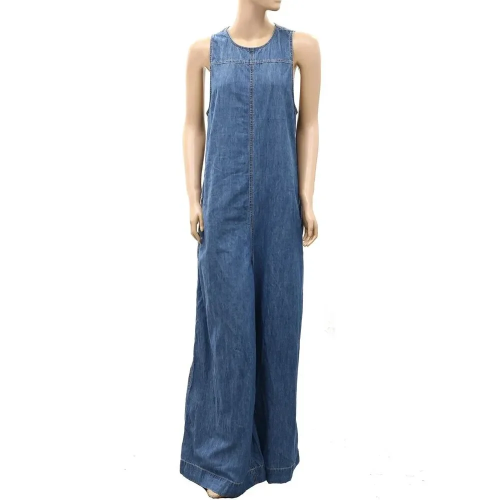 Free People We The Free Do No Wrong Jumpsuit Wide Leg Denim Cotton M 289099